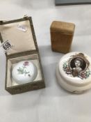 Queen Elizebeth sliver jubilee pot with powder puff, horse hair cigarette box and a Chinese pin