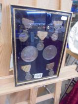 A framed and glazed selection of medals including St Helena Medal 1857.