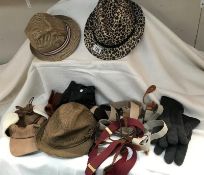 Mixed box of hats, gloves, ties braces