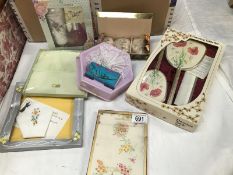 Ladies handkerchiefs, soaps and a poppy dressing table set