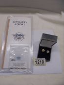 Pair of 18ct white gold 6-claw solitaire RBC diamond studs, boxed. Diamonds 3.68ct. Cert no.