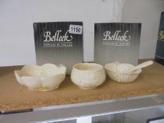 Two boxed Belleek bowls and an unboxed Belleek bowl.