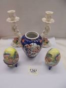 Two Old Tupton ware egg trinket boxes, a pair of candlesticks and an oriental vase.