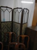 An Edwardian three fold screen/room divider with fabric panels and glazed top. COLLECT ONLY.