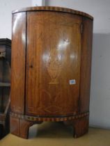 A Victorian mahogany inlaid barrel front corner cupboard, COLLECT ONLY.