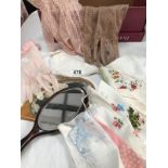 Two Hand held mirrors, 3x pairs of ladies evening gloves and quantity of handkerchief