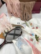 Two Hand held mirrors, 3x pairs of ladies evening gloves and quantity of handkerchief