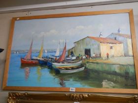 An oil on canvas harbour scene signed but indistinct. COLLECT ONLY.