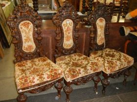 Three heavily carved chairs, backs loose, COLLECT ONLY.