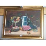 A gilt framed oil on board still life study, signed but indistinct, COLLECT ONLY.