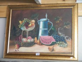 A gilt framed oil on board still life study, signed but indistinct, COLLECT ONLY.