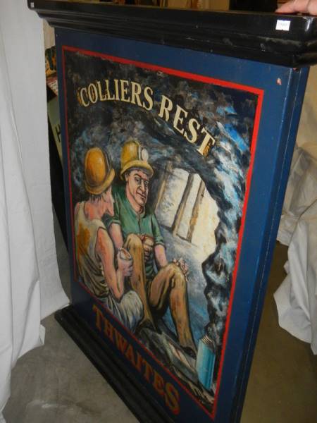 A double sided hand painted and signed Thwaites Brewery pictorial pub sign 'Colliers Rest', - Image 3 of 3