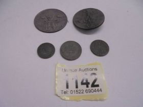 A 1939 Reichssport Wettkampf badge, a 1 Mai 1937 German workers badge and three WW2 German coins
