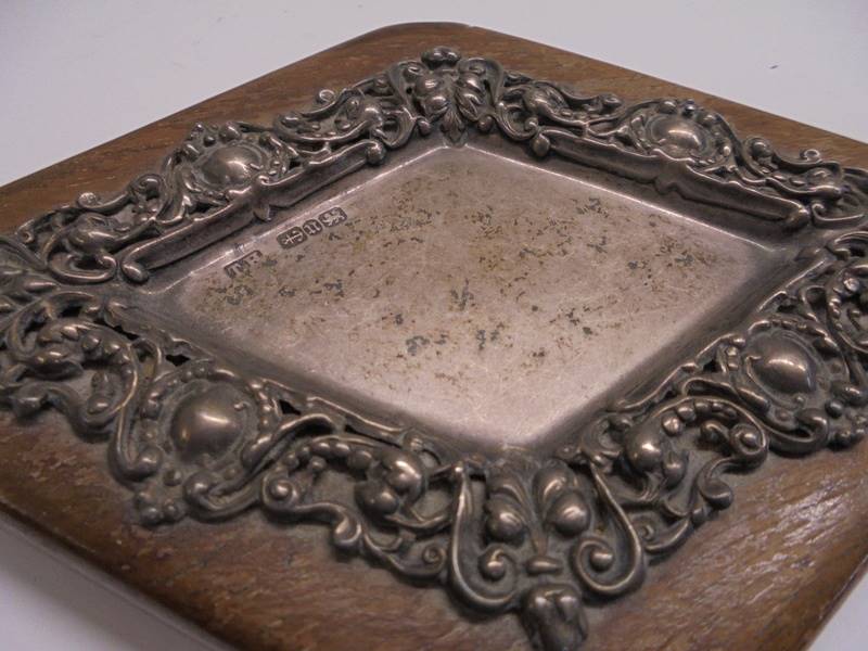 A silver diamond shaped dish on an oak base, hall mark for Birmingham. - Image 2 of 3