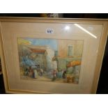 An early 20th century framed and glazed watercolour street scene signed V V Fawcett, COLLECT ONLY.