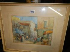 An early 20th century framed and glazed watercolour street scene signed V V Fawcett, COLLECT ONLY.