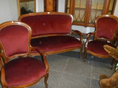 A French three piece suite, damage to fabric. COLLECT ONLY.