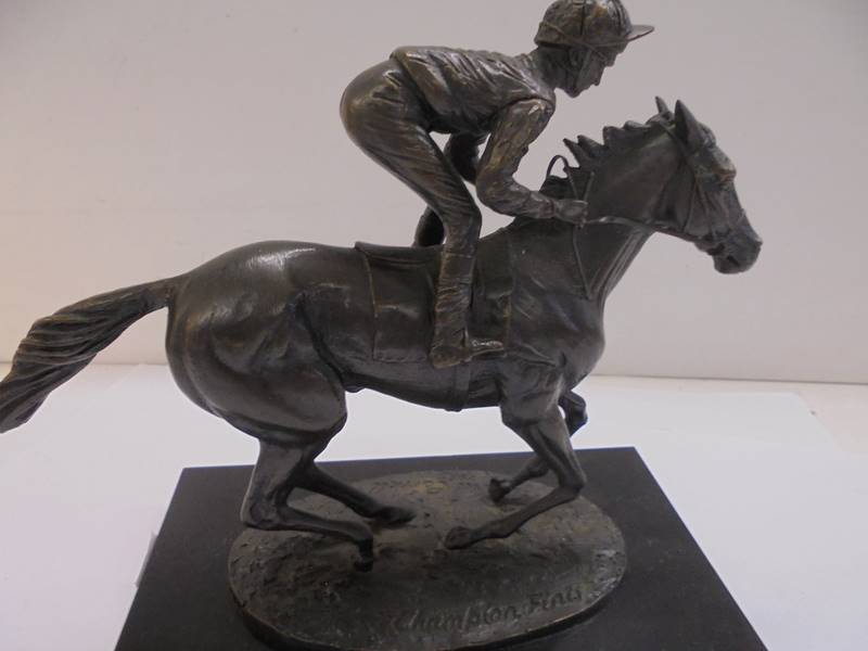 A signed bronze horse and jockey on a marble bases, signed David Cornell. - Image 2 of 4