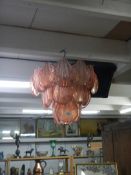An unusual pink glass art deco ceiling light, COLLECT ONLY.