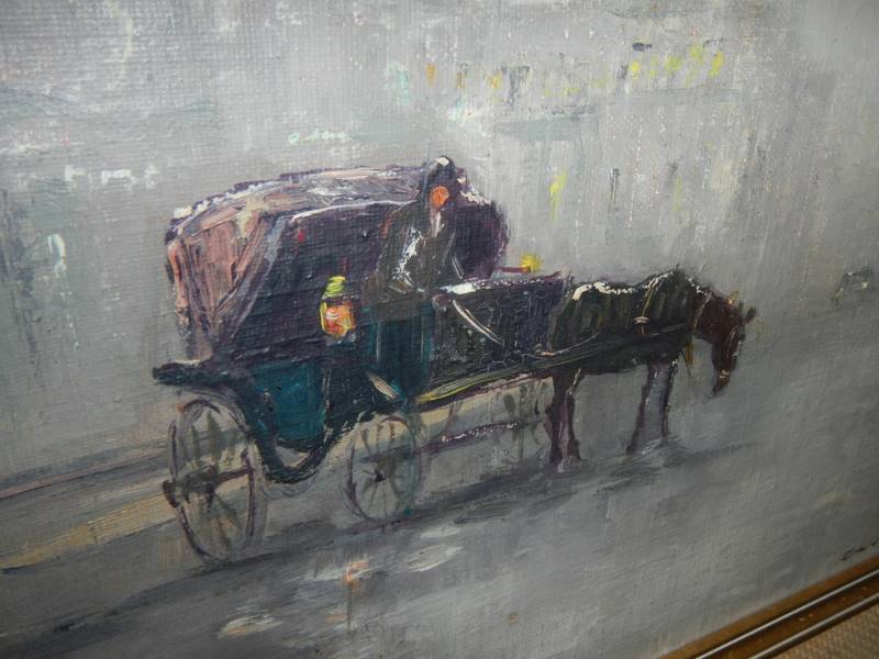 A 20th century oil on board study of a hansom cab in front of St. Paul's cathedraL,Charles A Rogers. - Image 2 of 3