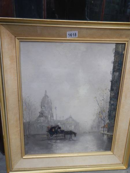A 20th century oil on board study of a hansom cab in front of St. Paul's cathedraL,Charles A Rogers.
