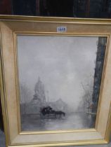 A 20th century oil on board study of a hansom cab in front of St. Paul's cathedraL,Charles A Rogers.
