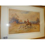 A framed and glazed hunting scene watercolour signed J Allen, COLLECT ONLY.