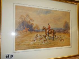 A framed and glazed hunting scene watercolour signed J Allen, COLLECT ONLY.