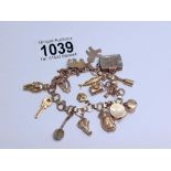 A 9ct gold charm bracelet, most charms marked, some unmarked but assured gold. 25 grams.