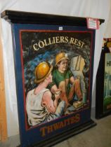A double sided hand painted and signed Thwaites Brewery pictorial pub sign 'Colliers Rest',