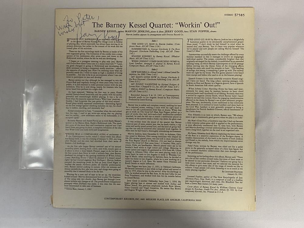 Barney KEssel Quartet Workin' Out! Jazz LP. Signed on rear of cover. Contempary label, S7585 U.S - Image 2 of 5