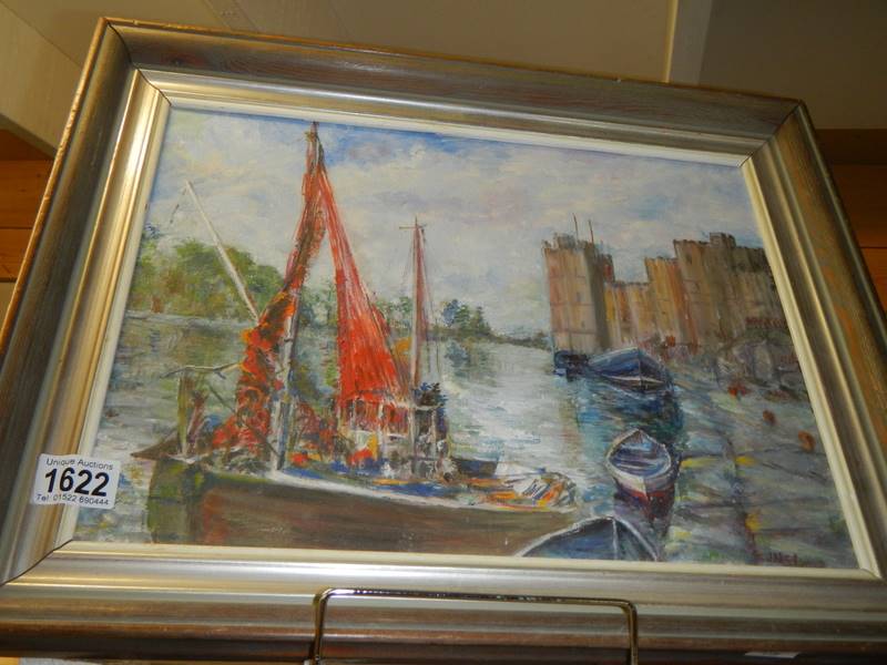 A good oil on board painting of a castle by a lake signed J M Stone?, COLLECT ONLY