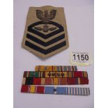 A set of military ribbons and a US Navy Boatswain's mate Chief Petty Officer bullion rate patch.