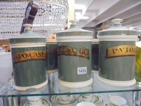Six 19th century ceramic chemists jars, all a/f and two missing lids, COLLECT ONLY.