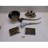 A mixed lot of oriental items including monkey pipe, cloissonne condiment set, small abacus etc.,