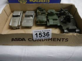 Two diecast tanks, a jeep and two cars,