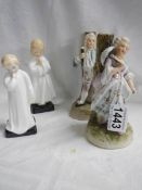 Two Royal Doulton figures (Bedtime & Darling) and a pair of early continental porcelain figures.