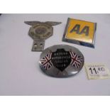 A Stretford Motor Club car badge, A British Motorcycle Racing club car badge and an AA badge.