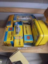 Five Corgi model club re-issues with certificates including two empty boxes and storage tin.