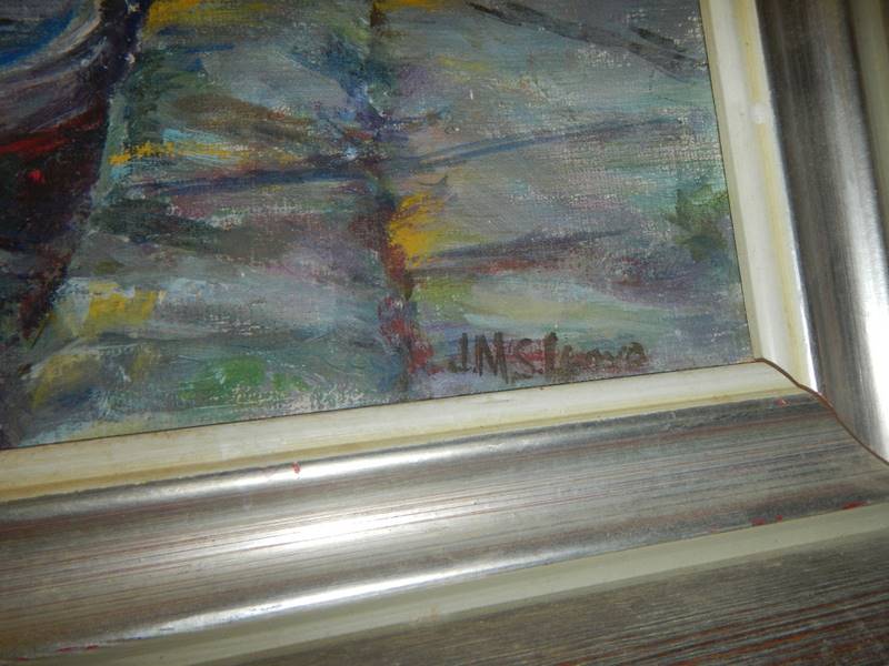 A good oil on board painting of a castle by a lake signed J M Stone?, COLLECT ONLY - Image 2 of 2