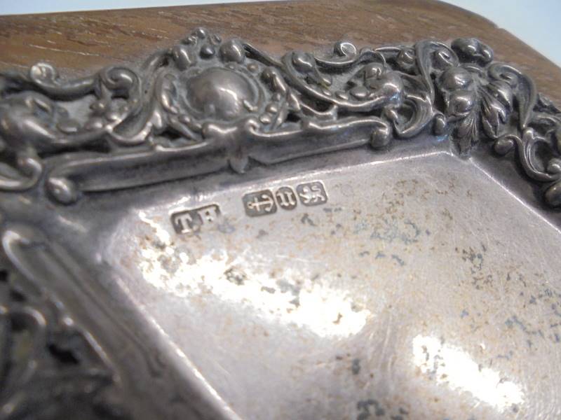 A silver diamond shaped dish on an oak base, hall mark for Birmingham. - Image 3 of 3