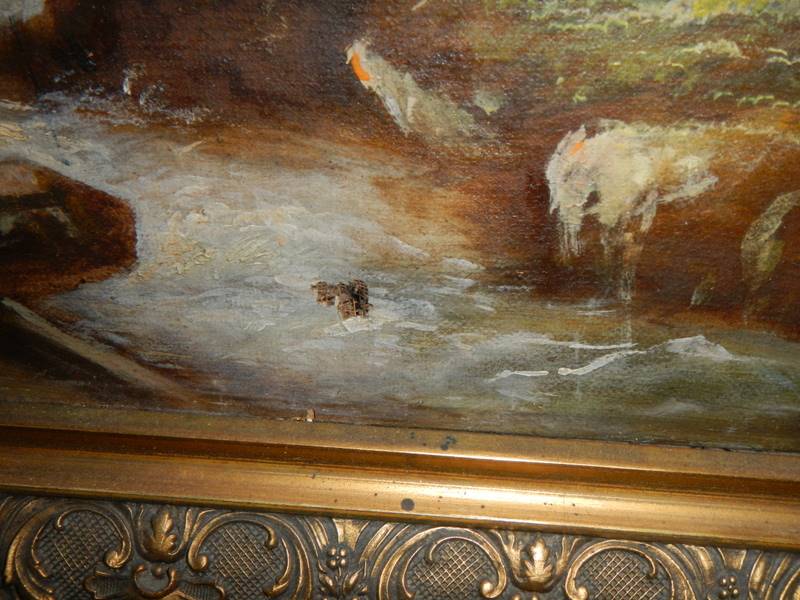 A gilt framed rural scene featuring fishermen in a stream, COLLECT ONLY. - Image 3 of 4