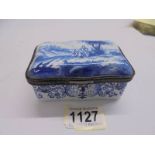 A late 18/ early 19th century hand painted blue and white pill box, 11 x 7.5 cm.