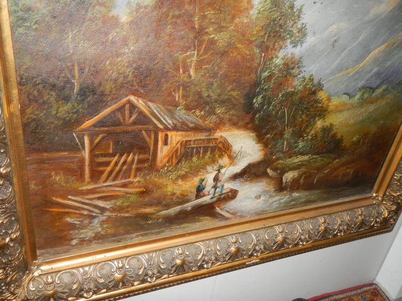 A gilt framed rural scene featuring fishermen in a stream, COLLECT ONLY. - Image 2 of 4