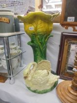 A Bretby Jardiniere with swan planter attached to base, swan beak A/F otherwise in good condition