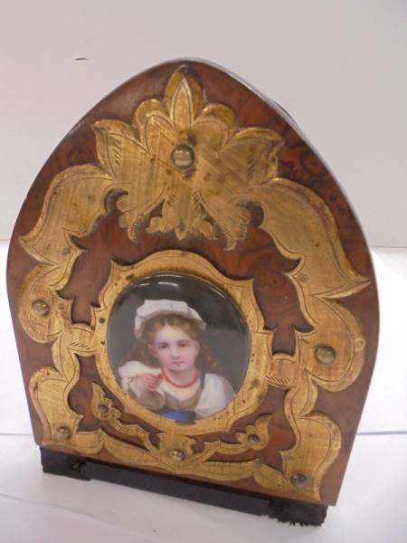 A 19th century folding book shelf with hand painted porcelain miniatures and gilded brass decoration - Image 2 of 3