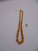 An amber coloured bead necklace.