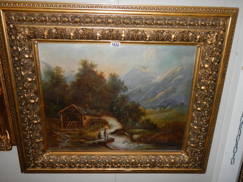 A gilt framed rural scene featuring fishermen in a stream, COLLECT ONLY.