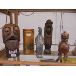 Five assorted wooden items including a dog of fo.