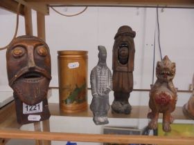 Five assorted wooden items including a dog of fo.